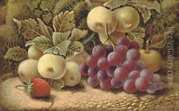 Apples, grapes and a strawberry, on a mossy bank Oil Painting - Oliver Clare
