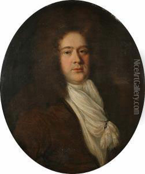 Portrait Of A Gentleman, Bust-length In A Brown Coat And A Cream Cravat Oil Painting - John Riley