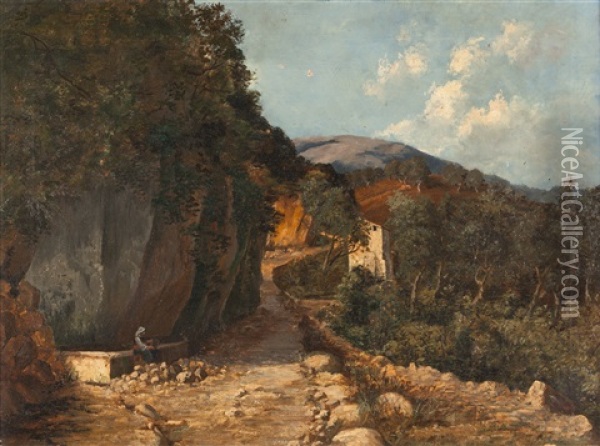 Die Rast Am Brunnen (landschaft In Italien) Oil Painting - Hans Heinrich Juergen Brandes
