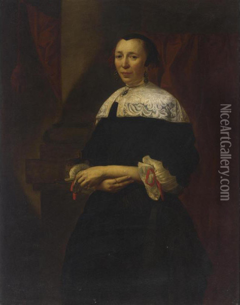 A Portrait Of A Lady, Standing Three-quarter Length, Wearing A Black Dress With A White Lace Collar And Lace Cuffs With Red Ribbons Oil Painting - Christopher Pierson