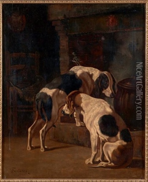 Deux Chiens Pres D'une Cheminee Oil Painting - Georges Emmanuel Oscar Tartarat