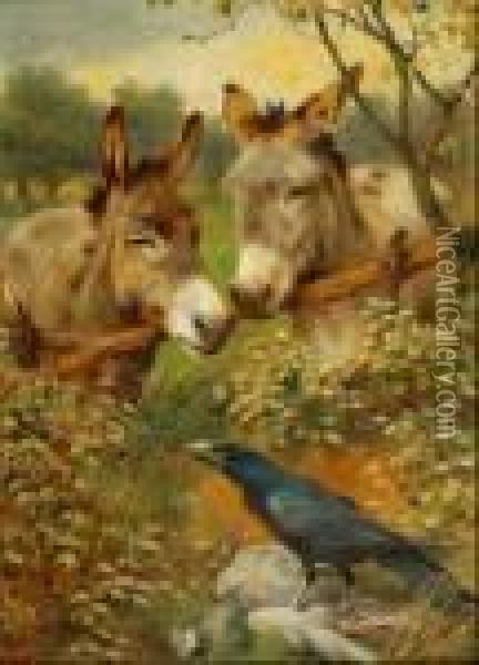 Twodonkeys And A Carrion Crow Oil Painting - Herbert William Weekes