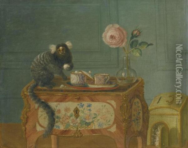 A Marmoset Taking Sweets On A Painted Commode Oil Painting - Louis Tessier
