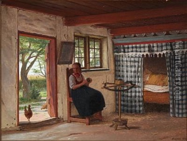 Interior Of A Peasant's Cottage With A Young Girl At The Wool Winder, In The Vicinity Of Hedebo Oil Painting - Johann Julius Exner