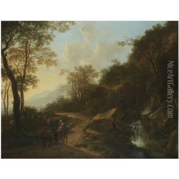 A Mountainous Italianate Landscape With Travellers Passing A Stream Oil Painting - Jan Dirksz. Both