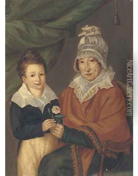 Portrait of a mother and son holding a rose Oil Painting - French School