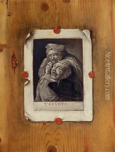 A Trompe L'oeil Of A 't Gevoel Print Set On A Panel Oil Painting - Edward Collier