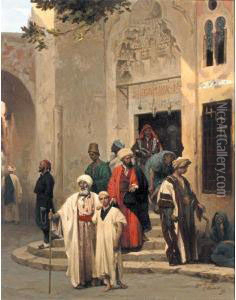 Personnages Sortant D'une Mosquee Oil Painting - Louis Claude Mouchot