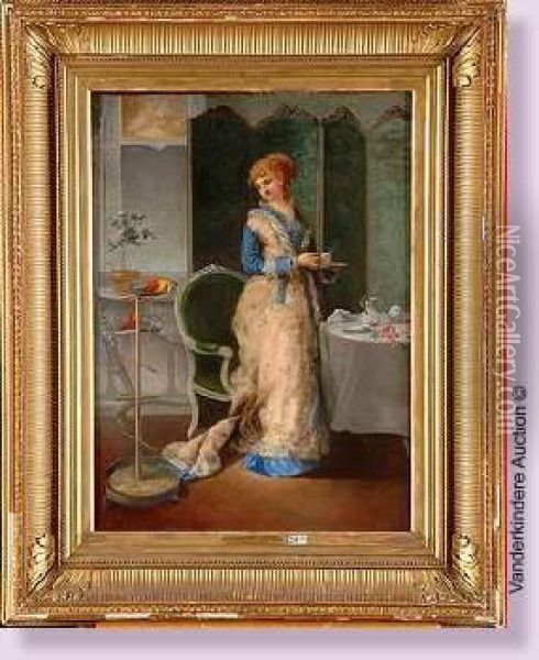 Elegante Prenant Le The Pres De Son Perroquet Oil Painting - Gustave Leonhard de Jonghe