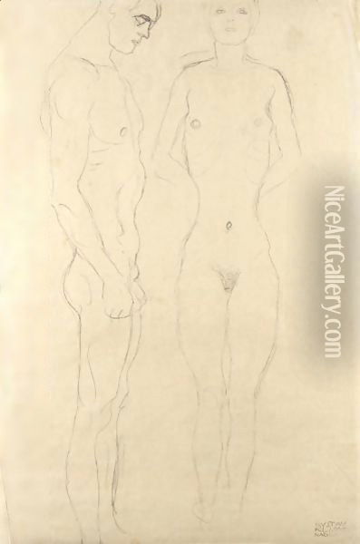 Athlet Im Profil Nach Rechts, Frauenakt Von Vorne (Athlete In Profile Facing Right, Female Nude Seen From The Front) Oil Painting - Gustav Klimt