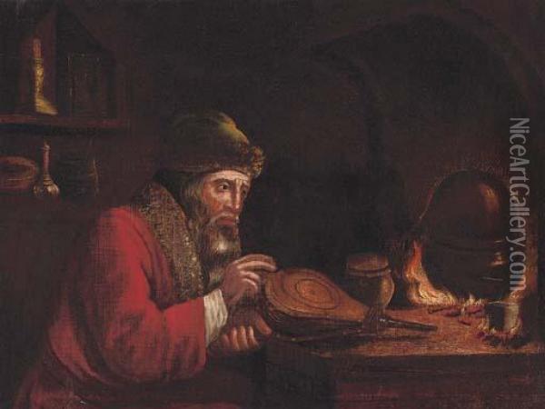 An Alchemist By A Stove In An Interior Oil Painting - Christoph Paudiss