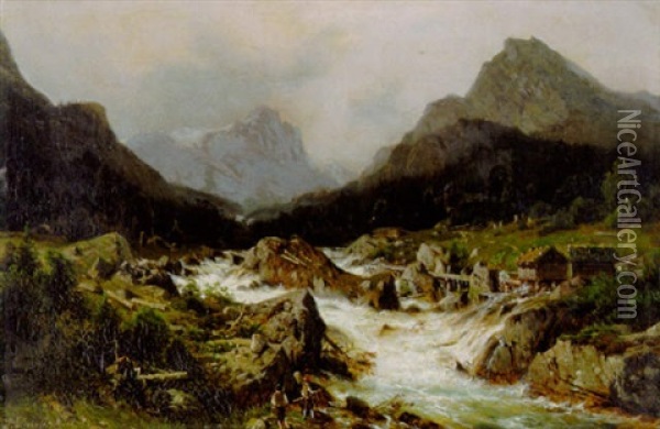 Hochgebirgslandschaft Mit Wildwasser Und Angelnden Kindern Oil Painting - Johannes Bartholomaeus Duntze