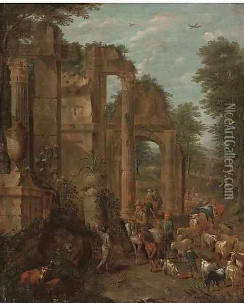 A landscape with shepherds, drovers and their flocks on a wooded track by classical ruins Oil Painting - Cajetan Roos