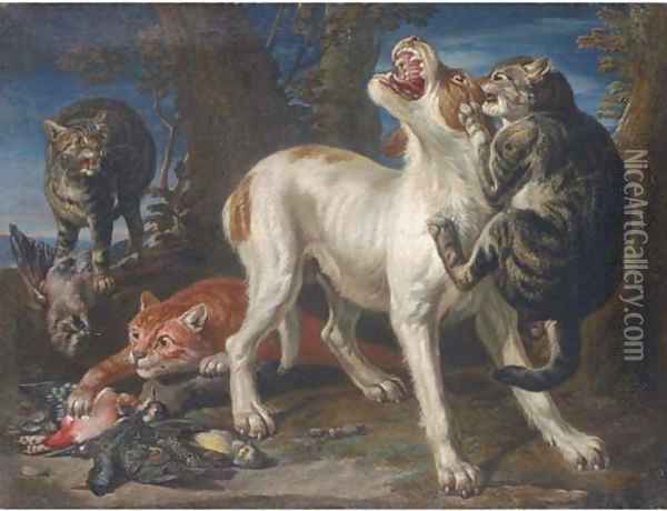 Cats attacking a dog in a landscape Oil Painting - Jan Fyt