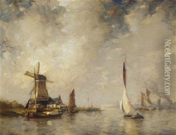 A Busy Dutch Estuary Oil Painting - James Campbell Noble