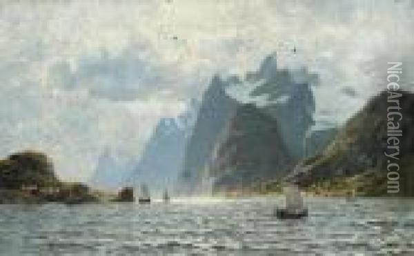 Fishing Vessels On A Norwegian Fjord Oil Painting - Adelsteen Normann