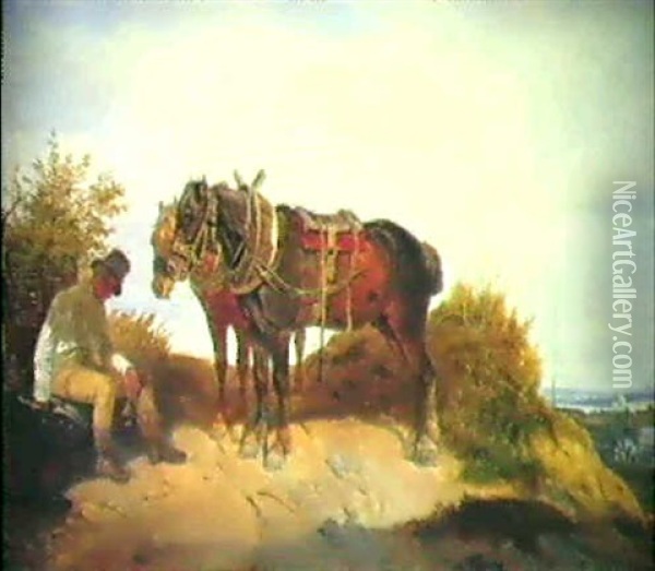 Der Treidler Und Sein Pferdegespann Bei Der Rast Oil Painting - August Franz Schelver