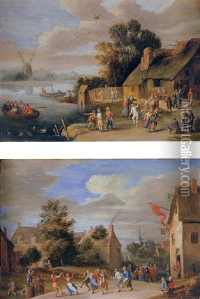 A River Landscape With Peasants Merrymaking Beside A Cottage Oil Painting - Jan Peter van Bredael the Elder