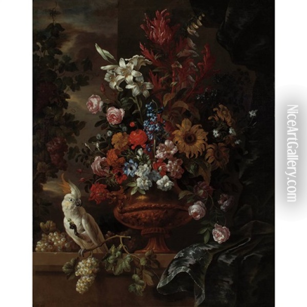 Still Life Of Flowers In A Vase On A Ledge, With A White Cockatoo Oil Painting - Jean-Baptiste Monnoyer
