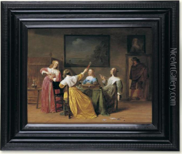 An Interior With Four Elegantly Dressed Women Smoking And Drinking Around A Table Oil Painting - Jan Olis