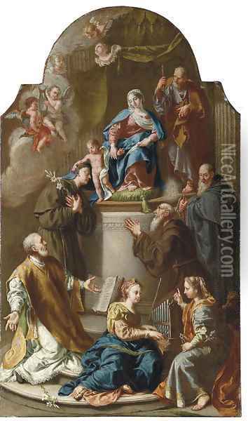 The Holy Family with Saints a ricordo Oil Painting - Francesco Fontebasso