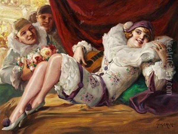 Fancy-dress Ball With Two Men Flirting With A Young Girl Oil Painting - Richard Geiger