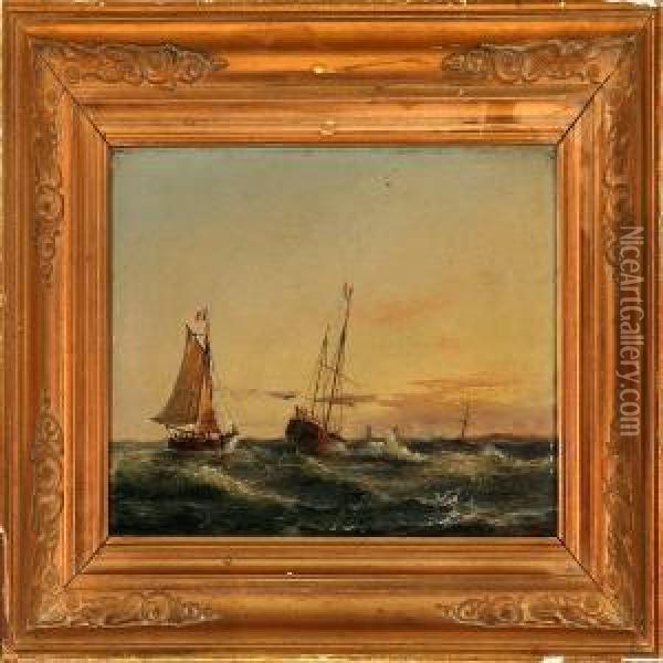 French Sailing Shipsin The Sunset Oil Painting - C. F. Sorensen