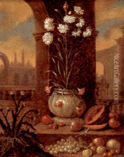 White Carnations In A Ceramic Vase In A Palace Garden Oil Painting - Jacob van Huysum