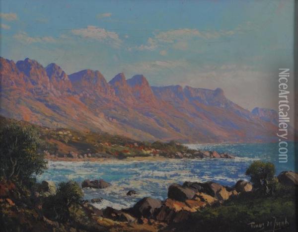 Rocky Coastal Scene With Mountains Oil Painting - Tinus De Jong