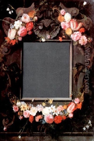 A Stone Cartouche With A Wreath Of Flowers Surrounding A Mirror Oil Painting - Daniel Seghers