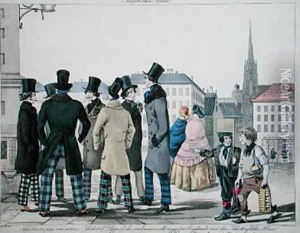 Elegant Men Wearing Scottish Trousers on the Streets of Vienna Oil Painting - Lempis