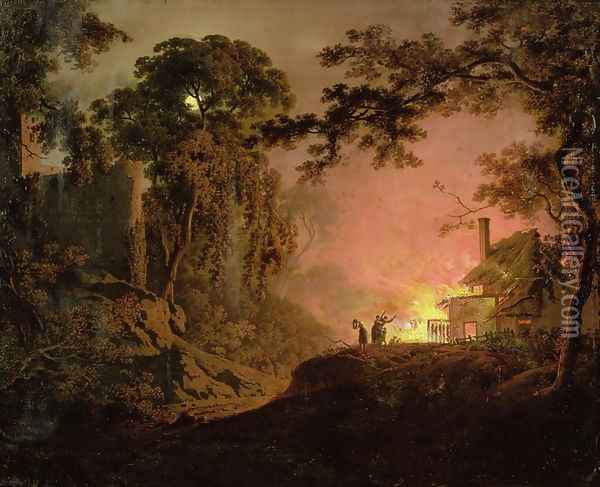 Cottage On Fire Oil Painting - Josepf Wright Of Derby