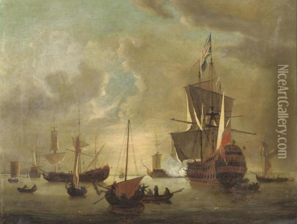 A Dutch Man O'war Firing A Salute With Other Shipping In Calm Waters Oil Painting - Willem van de, the Elder Velde