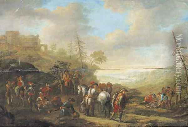 A military encampment with a hilltop fort beyond Oil Painting - Barend Gael or Gaal