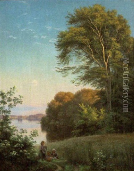 Children Gathering Flowers, Lake With Boaters And Forest Landscape Beyond Oil Painting - Carl Frederik Peder Aagaard