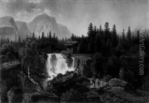 Schweizer Alpenlandschaft Mit 
Wasserfall. Signiert Unten Links: T Nocken. Ol Auf Leinwand. H 67; B 95 
Cm. Oil Painting - Wilhelm Theodor Nocken