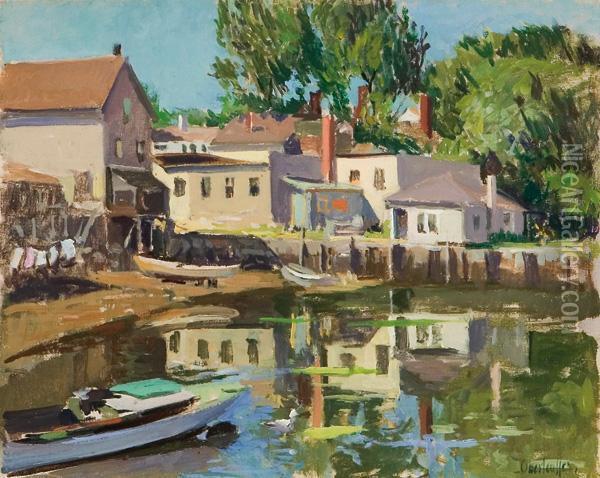 Houses At Boothbay Harbor Oil Painting - George Oberteuffer