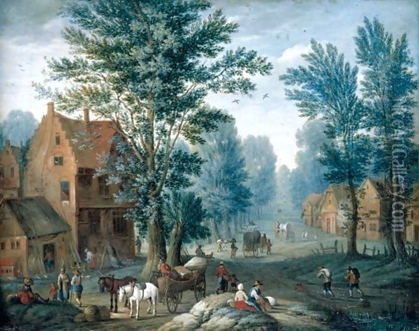 A Village Landscape With Travellers And A Horse And Cart Resting In The Foreground Before A Cottage Oil Painting - Joseph van Bredael