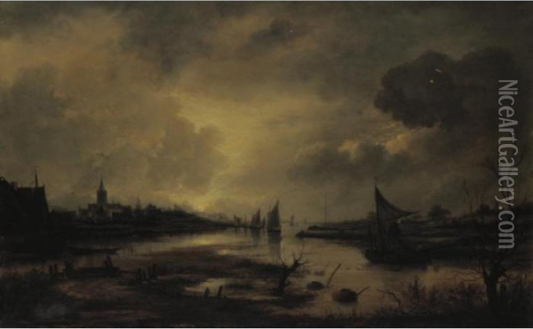 A Nocturnal Estuary Scene By Moonlight Oil Painting - Aert van der Neer