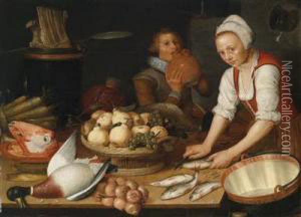 Large Kitchen Still Life With A Maid And A Cavalier Oil Painting - Pieter Cornelisz. Van Ryck