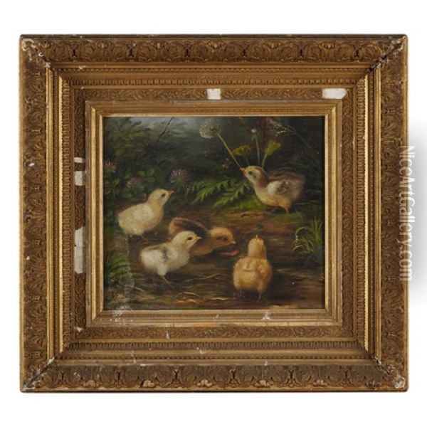 Chicks Catching Insects Oil Painting - N. E. Morse