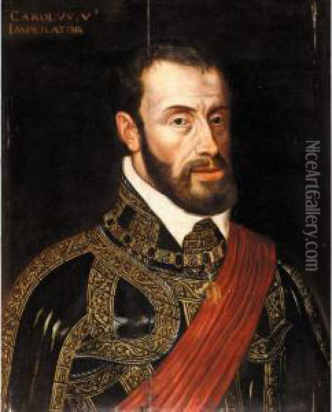 Portrait Of Emperor Charles V, Half Length, Wearing Ceremonial Armour Oil Painting - Giacomo Antonio Moro