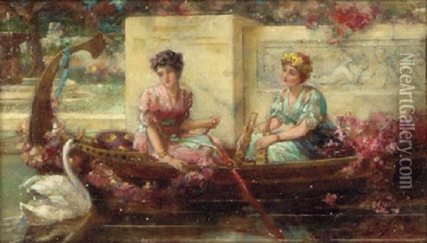 Maidens In A Boat Oil Painting - Emile Eisman-Semenowsky