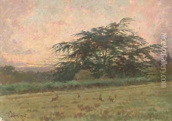 Bunnies at dawn, Brocket Hall Park, the Cedar Oil Painting - P.E. Rischgitz