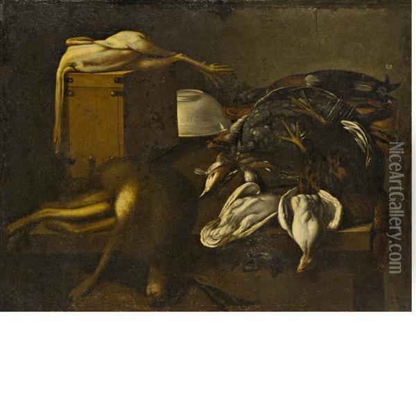 Natura Morta Con Cacciagione, Una Cassina E Utensili Da Cucina Oil Painting - Evaristo Baschenis