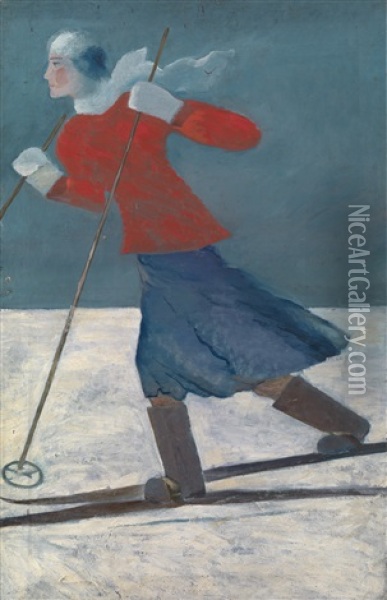 Skier Oil Painting - Aleksei Ilych Kravchenko