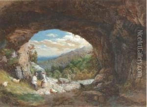 Figures At The Entrance To A Cave, An Extensive Landscape Beyond Oil Painting - Bradford Rudge
