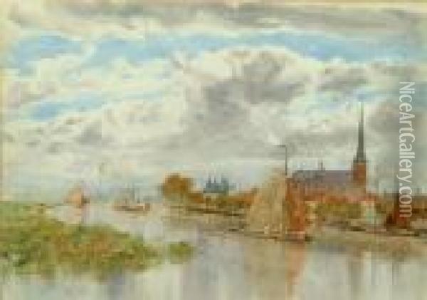 A Continental River Scene With Cathedral Oil Painting - Herbert Menzies Marshall