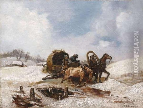Troika In Winterlicher Landschaft Oil Painting - Pavel Osipovich Kovalevskii