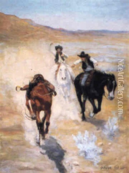 Cowboys Roping A Runaway Horse Oil Painting - Elling William Gollings